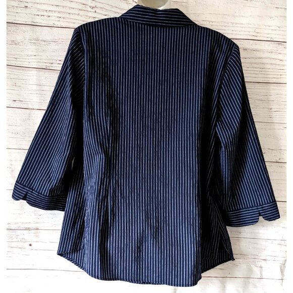 Allison Daley Shirt Blouse Blue Embroidery Striped Button Down 3/4 Sleeve 18W - Picture 2 of 10